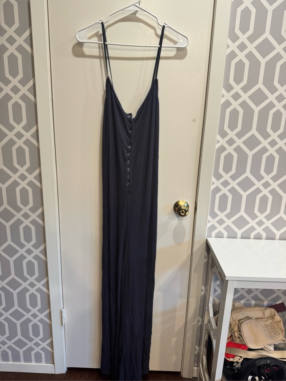XL Anthropologie Navy Button-Front Spaghetti-Strap Jumpsuit